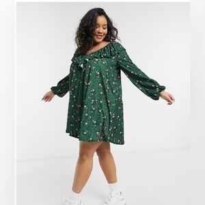 ASOS Curve Dark Green Floral Long Sleeve Dress